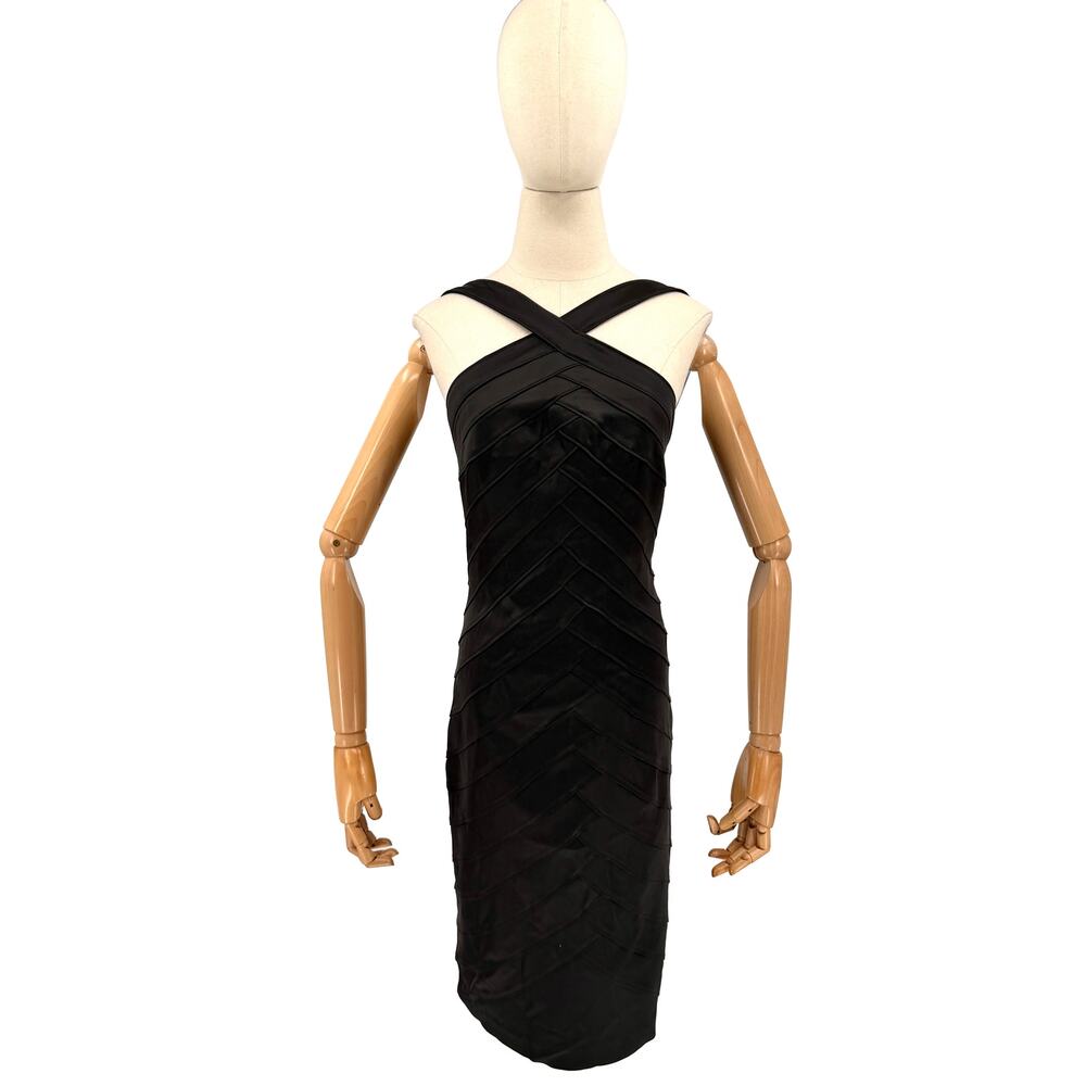 Vintage 90s Tadashi Black Satin Halter Neck Bodycon Bandage Midi Dress